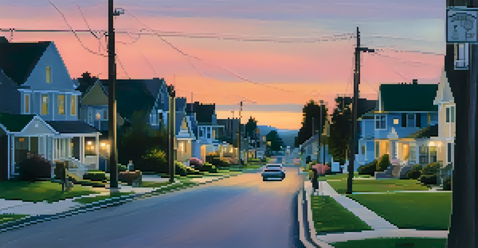 A suburban street at dusk with illuminated houses, residents walking dogs, and neighborhood watch signs, creating a peaceful atmosphere.