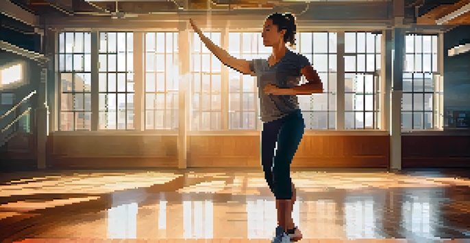 A woman in a gym practicing self-defense with a confident stance and hands up, surrounded by motivational posters.