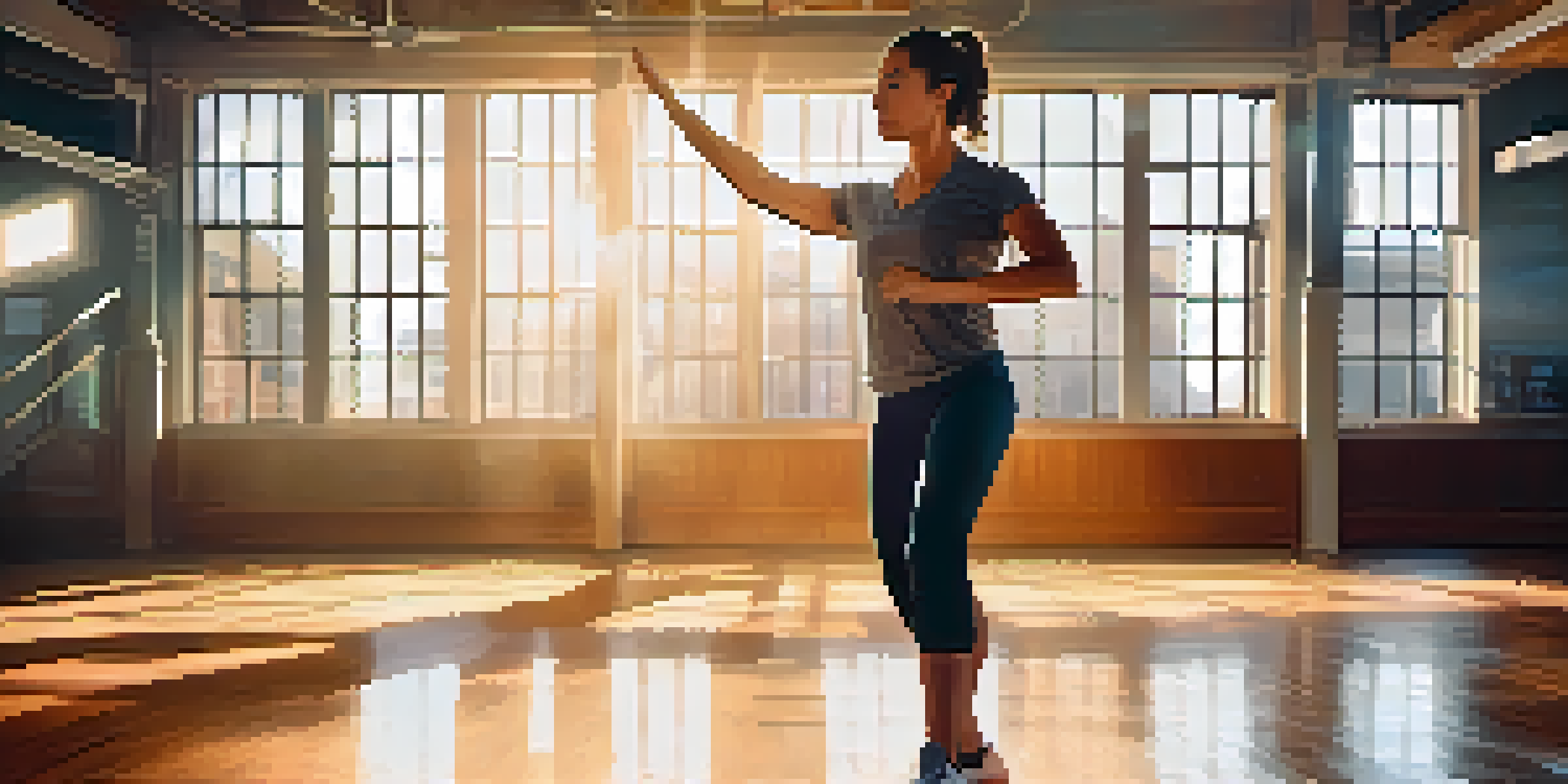 A woman in a gym practicing self-defense with a confident stance and hands up, surrounded by motivational posters.