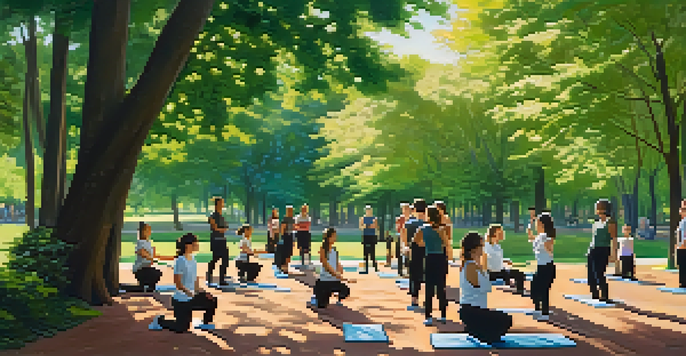 An outdoor self-defense class with diverse students practicing techniques under a sunlit sky surrounded by greenery.