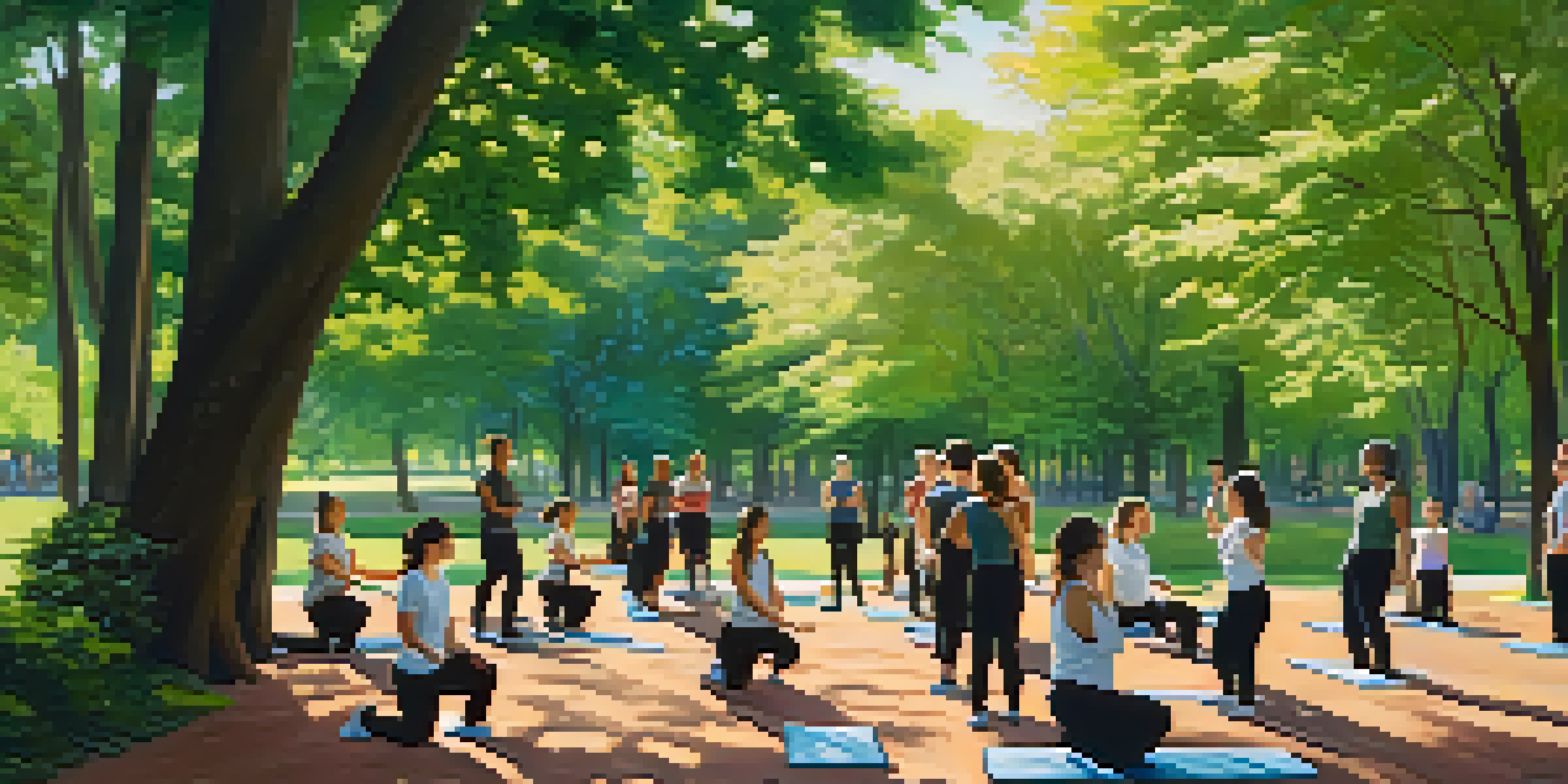 An outdoor self-defense class with diverse students practicing techniques under a sunlit sky surrounded by greenery.