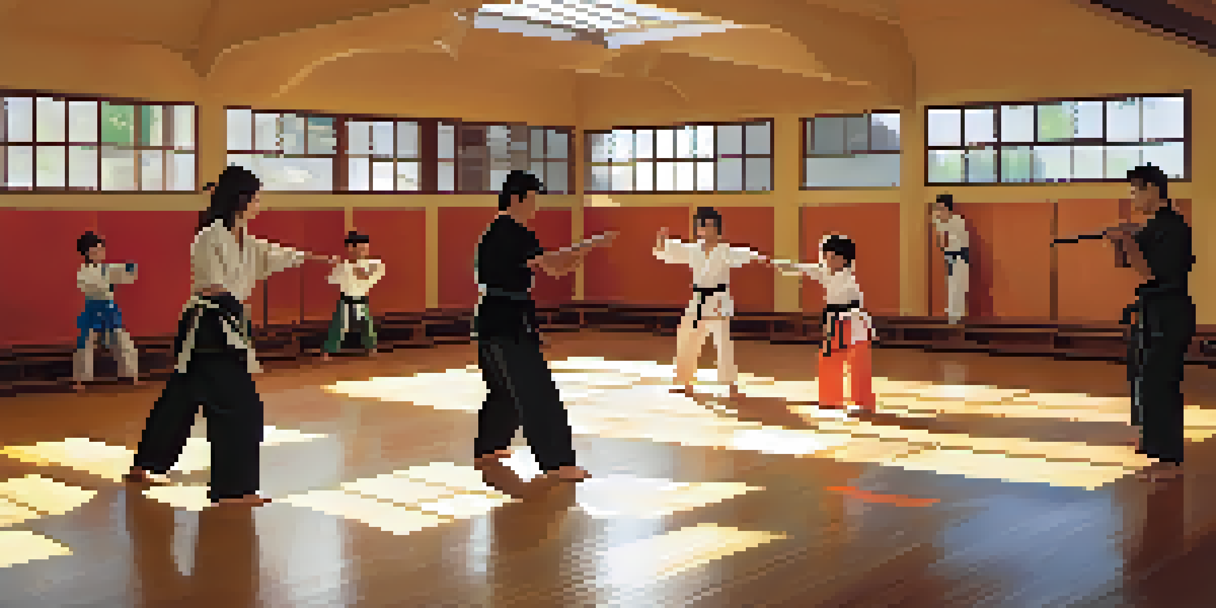 A family practicing self-defense techniques in a dojo with wooden floors and colorful mats, illuminated by natural light.