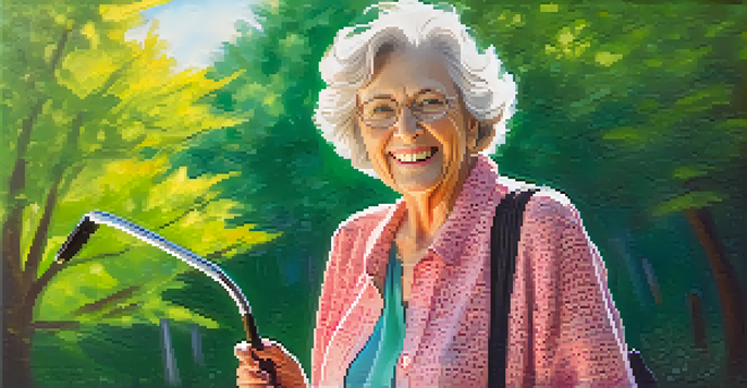 A senior woman holds a personal alarm in a sunny park, looking confident and secure while resting her other hand on a walking cane.