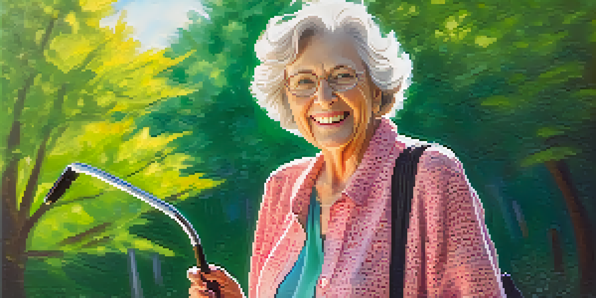 A senior woman holds a personal alarm in a sunny park, looking confident and secure while resting her other hand on a walking cane.