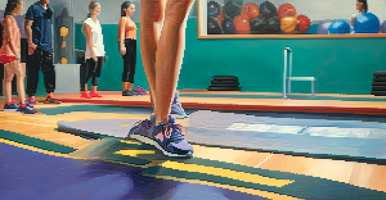 Close-up of a woman's feet in athletic shoes on a gym mat, with a self-defense class happening in the background.