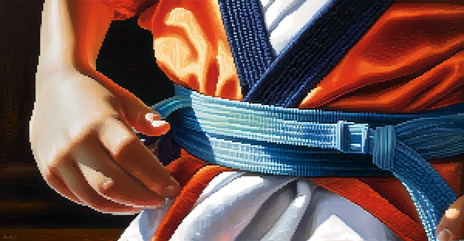 A child's hands tying a karate belt, focusing on the fabric and their expression while wearing a colorful uniform.
