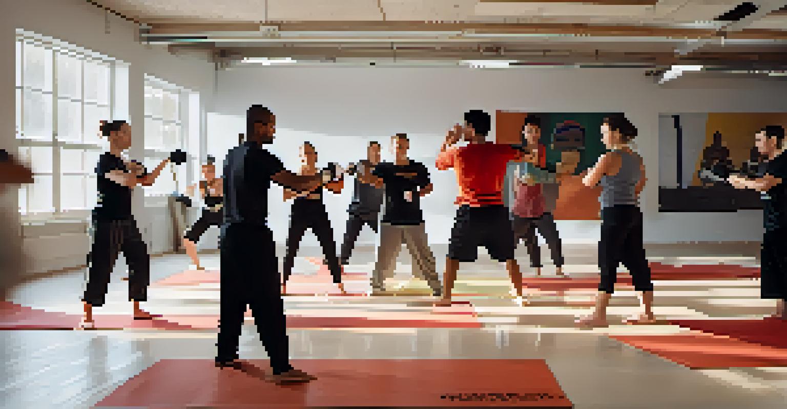 A self-defense training class with participants practicing techniques under the guidance of an instructor.
