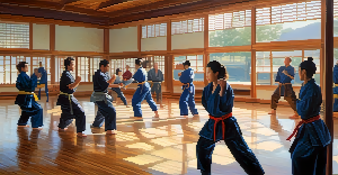 A self-defense training session in a dojo where participants practice Nonviolent Communication techniques, surrounded by natural light and wooden floors.