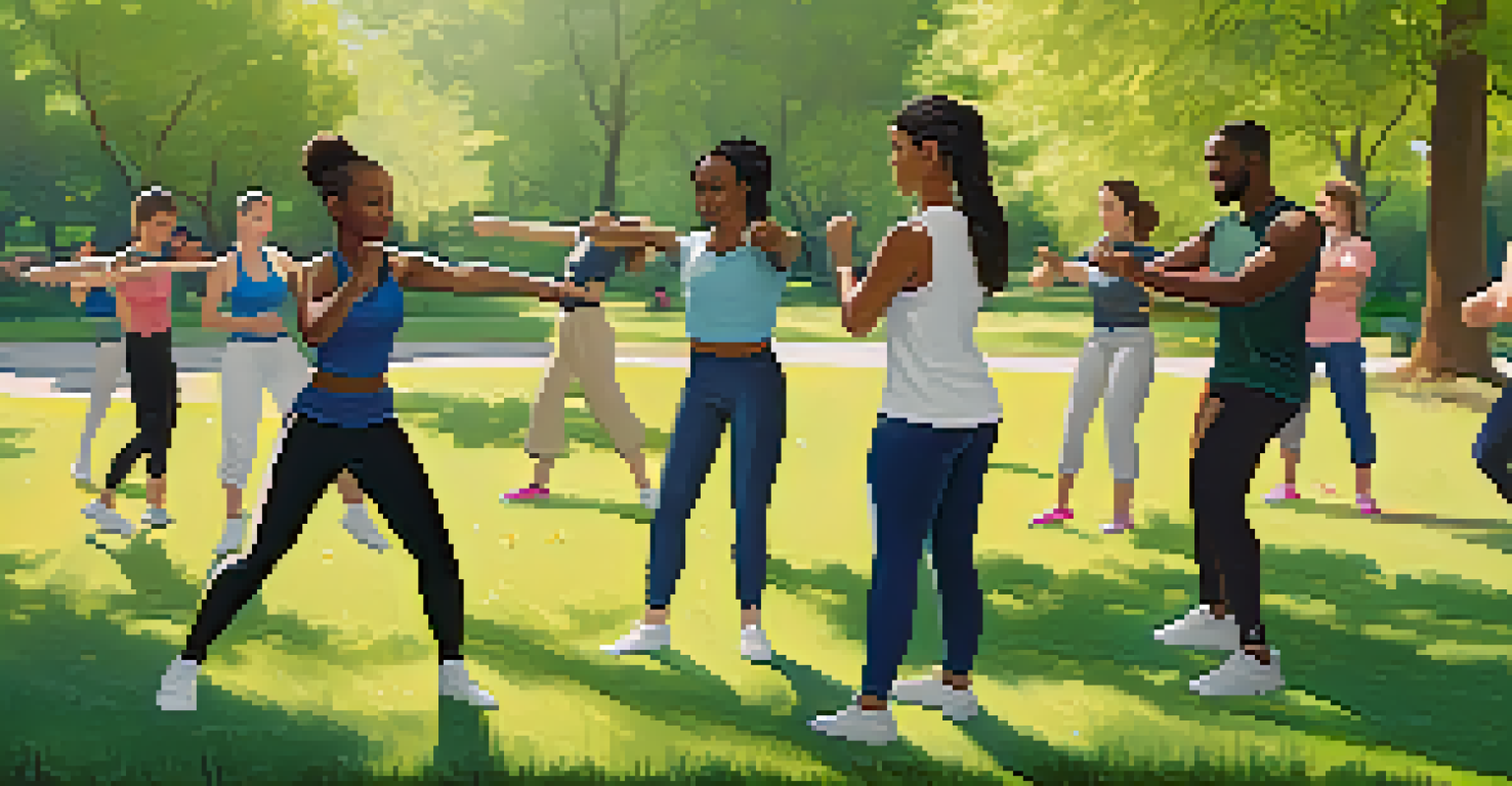 A group of people practicing self-defense outdoors in a park, with a smiling instructor and green trees surrounding them.