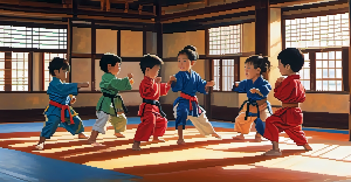 A diverse group of children in colorful martial arts uniforms practicing self-defense techniques in a bright dojo, displaying determination and excitement.