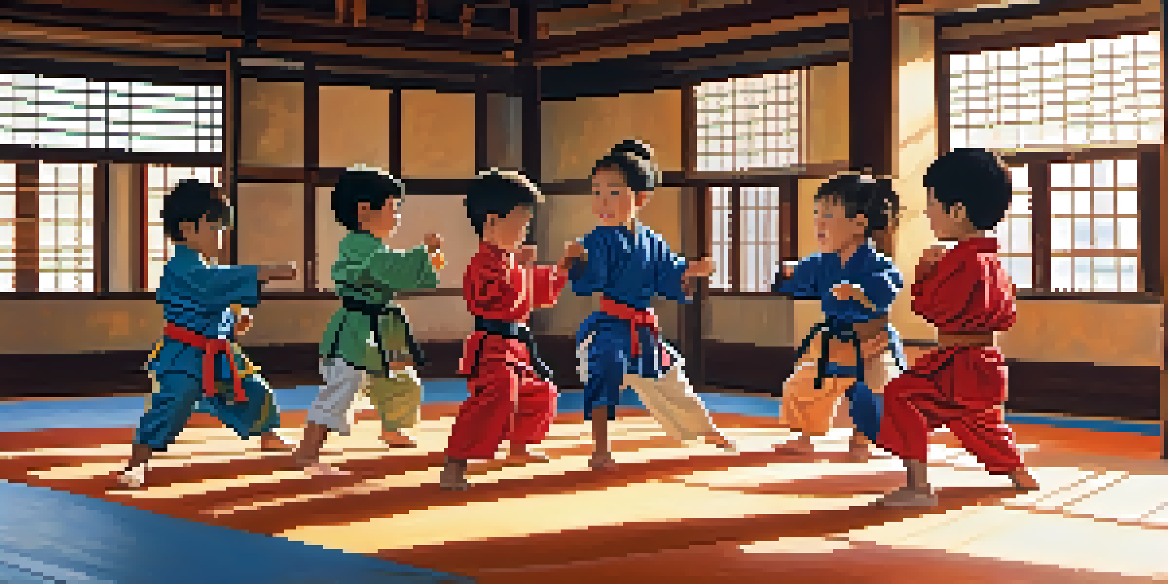 A diverse group of children in colorful martial arts uniforms practicing self-defense techniques in a bright dojo, displaying determination and excitement.