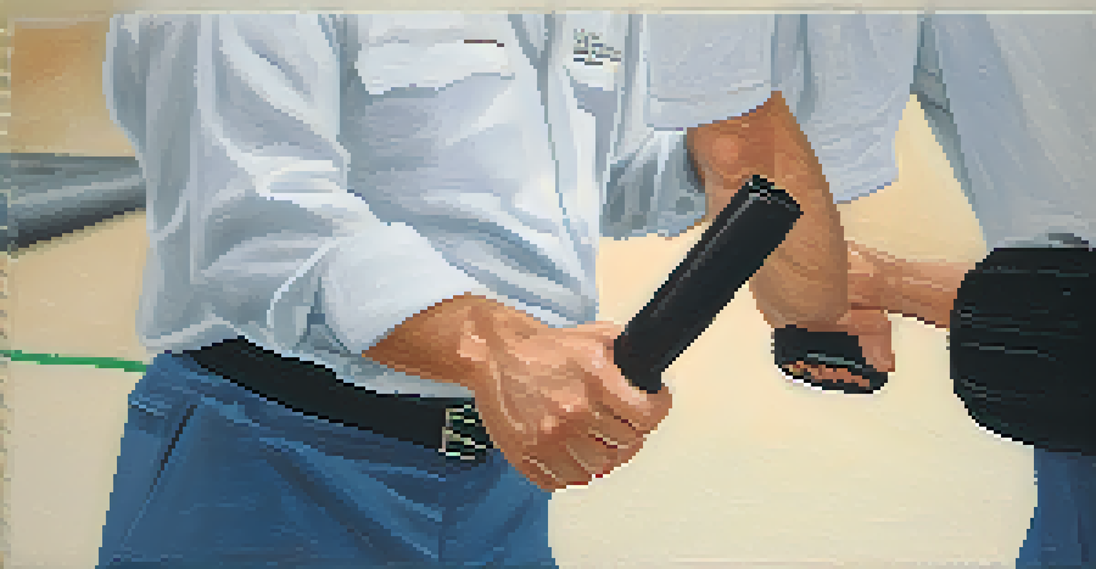 Close-up of an employee's hands demonstrating a self-defense technique during training, with a focus on the hands and a blurred background.
