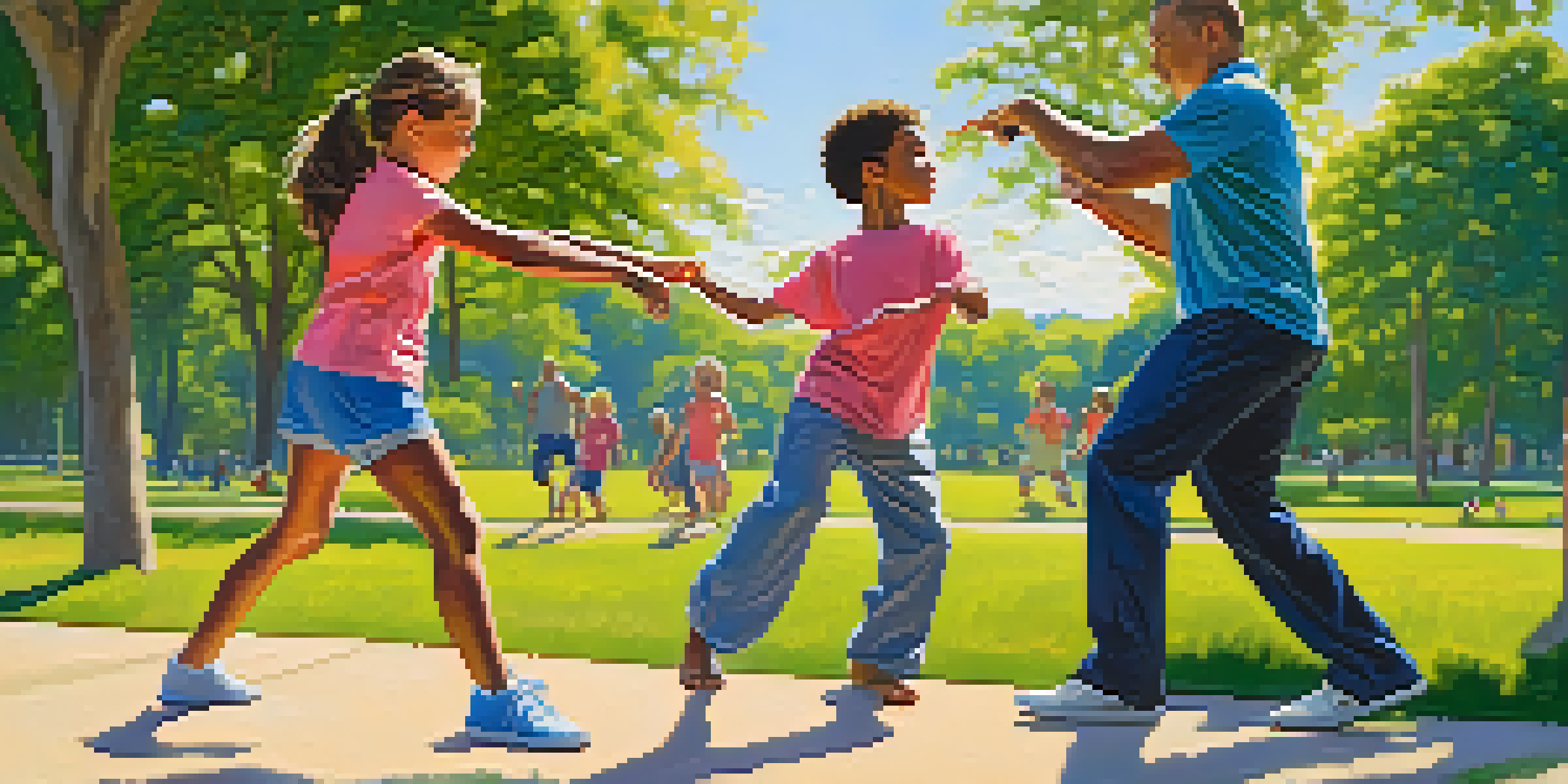 A family practicing self-defense techniques in a sunny park, with parents demonstrating moves to their children.