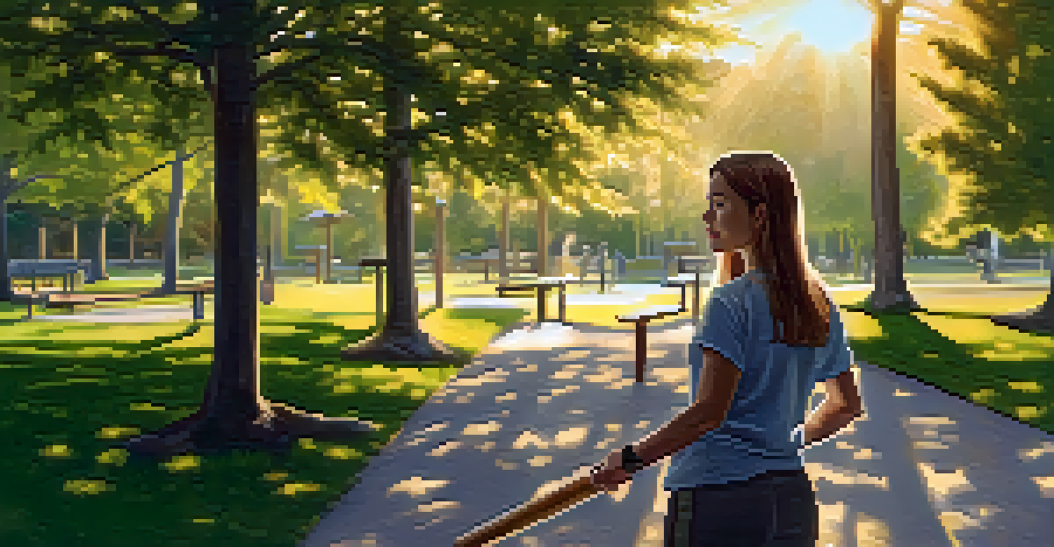 A woman in a park using a stick for self-defense training, surrounded by greenery.