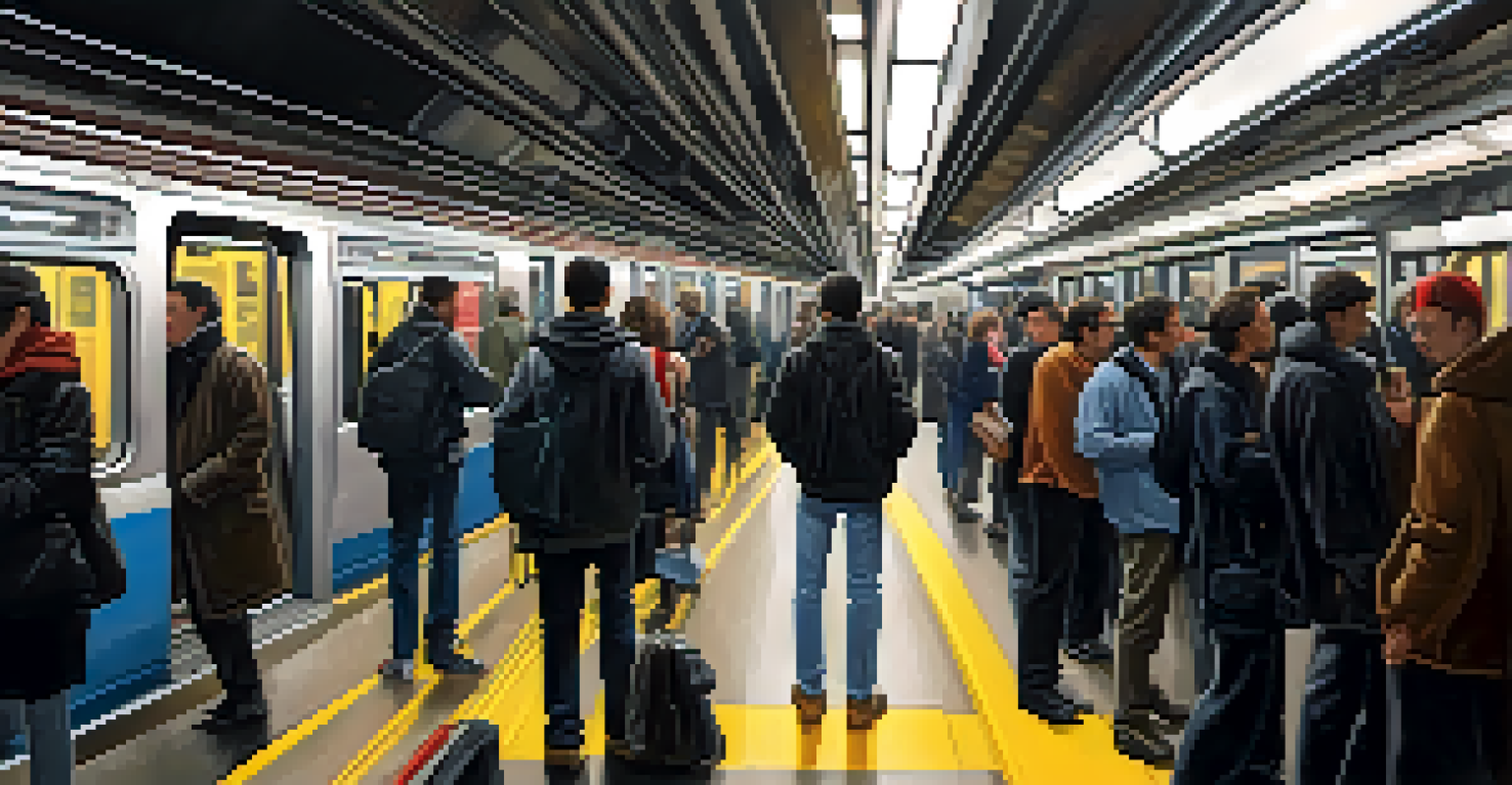 A person confidently standing in a crowded subway, maintaining their personal space amidst commuters.