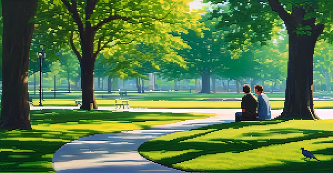 A peaceful park scene showing a bystander observing a confrontation, with trees and sunlight in the background.
