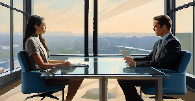 A modern office setting with two individuals engaged in a calm negotiation, one listening attentively and the other expressing emotions.