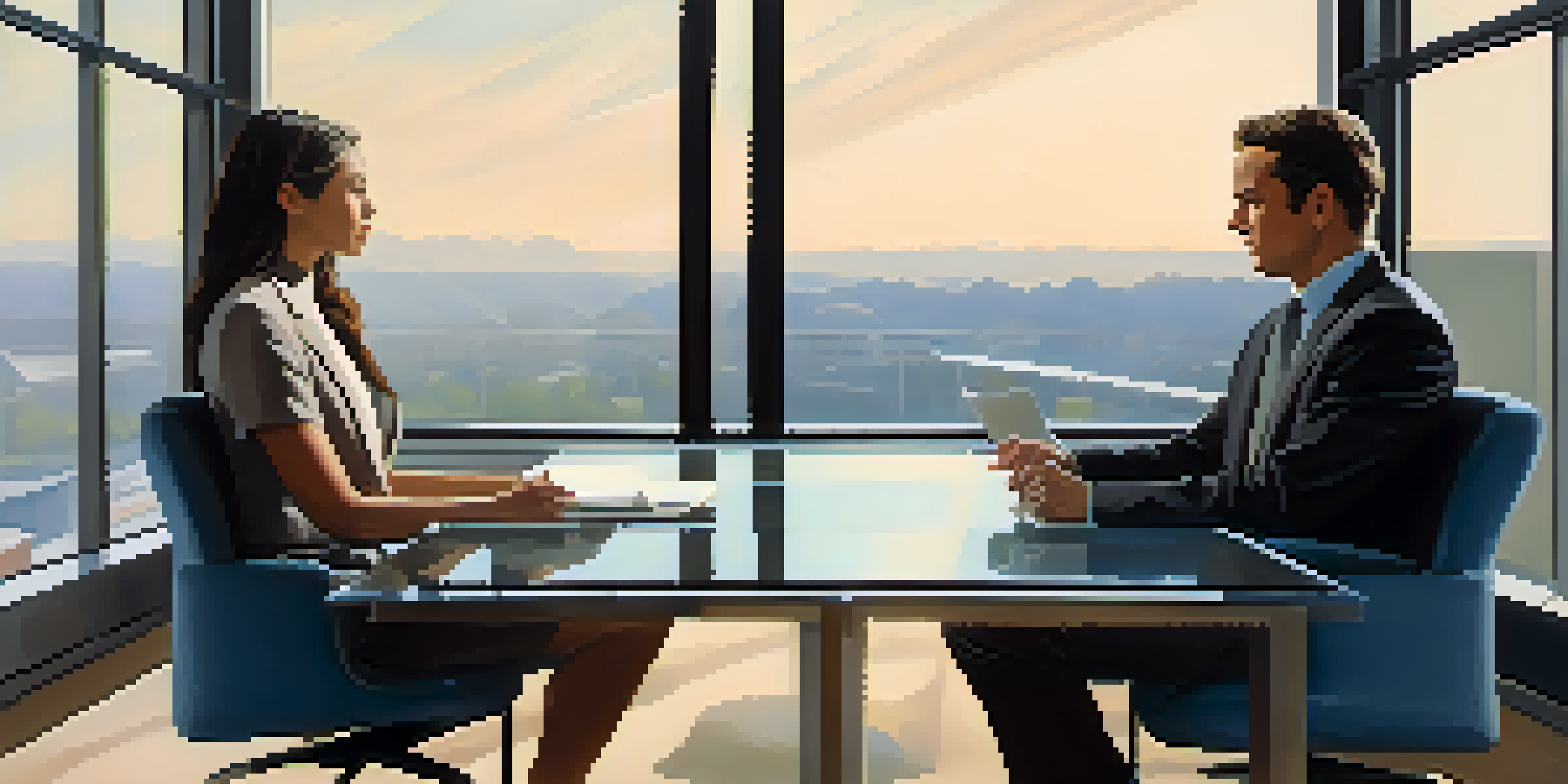 A modern office setting with two individuals engaged in a calm negotiation, one listening attentively and the other expressing emotions.