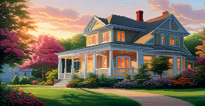 A peaceful Canadian home at sunset, surrounded by greenery and colorful flowers.