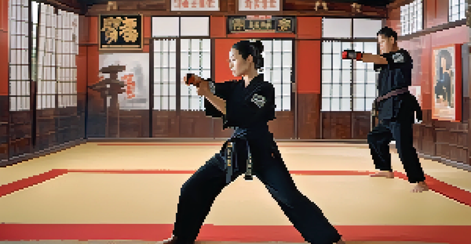 A confident woman in a black martial arts uniform practicing a kick in a dojo, with motivational posters in the background.