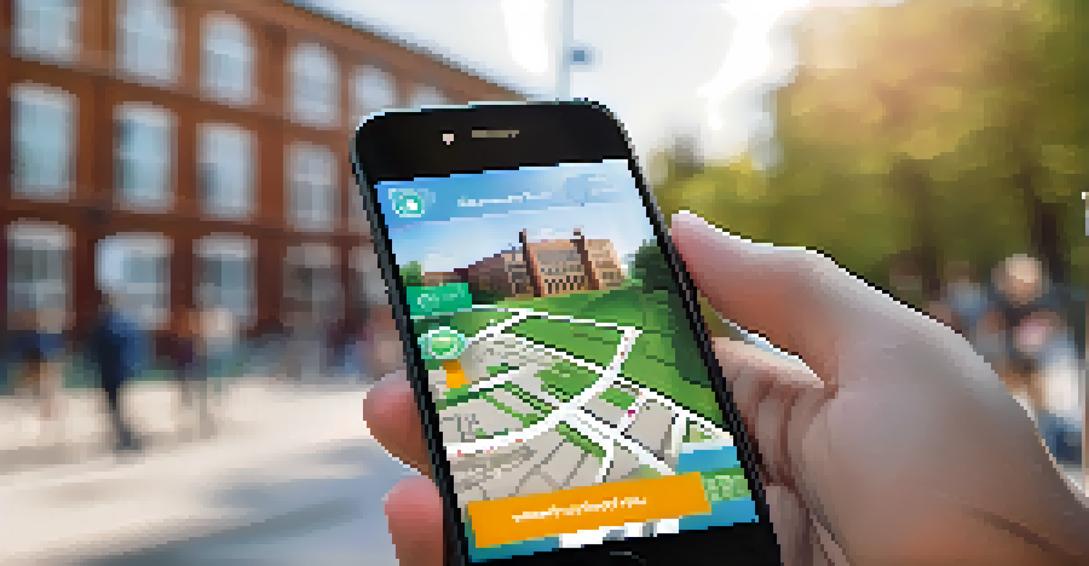 A close-up of a hand holding a smartphone with a safety app, in front of a blurred university campus background.