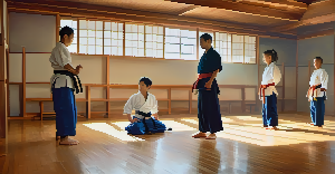 A peaceful martial arts dojo with students training together, emphasizing empathy and collaboration.