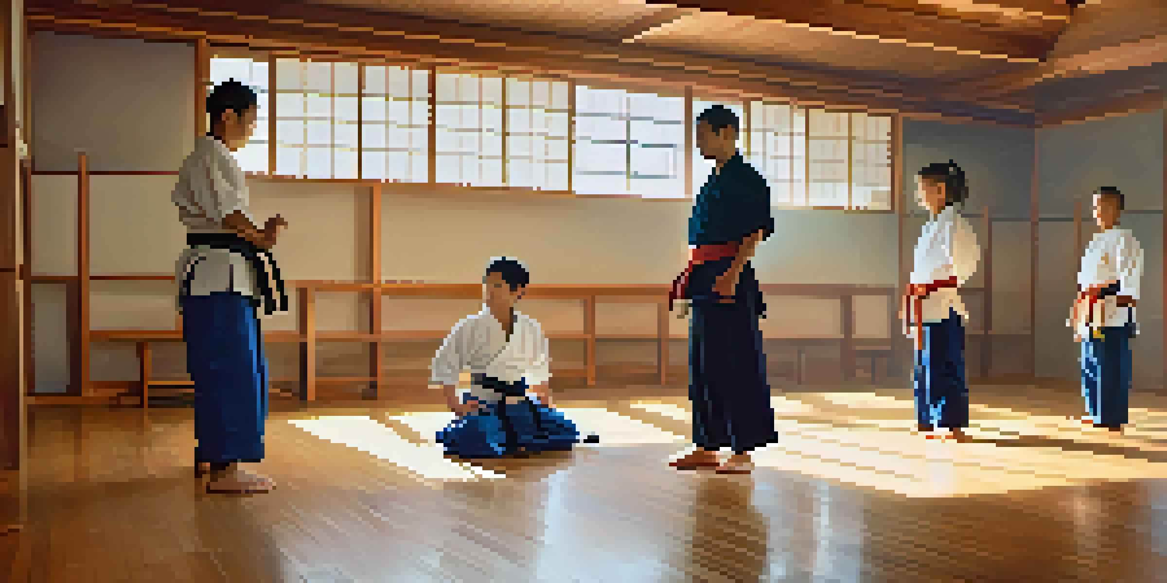 A peaceful martial arts dojo with students training together, emphasizing empathy and collaboration.