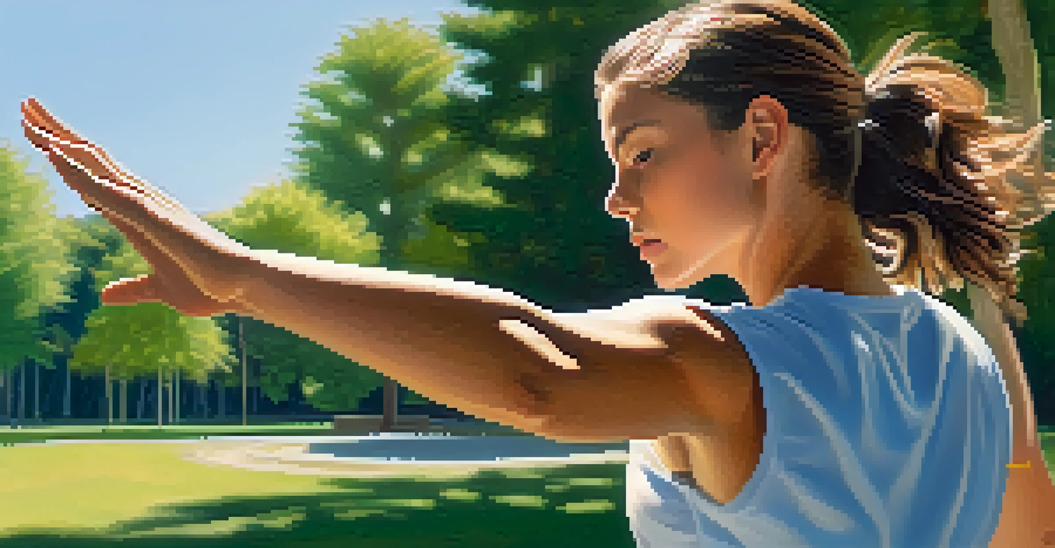 A person confidently demonstrating a self-defense move in a sunny park, surrounded by green trees and a clear blue sky.