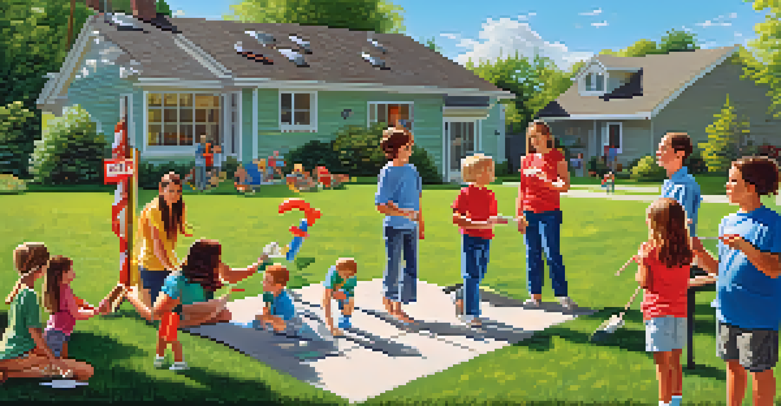 A family practicing a fire drill in their backyard, showing teamwork and focus on a sunny day.