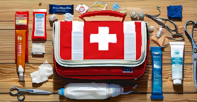 A detailed view of an open first aid kit displaying medical supplies such as band-aids and antiseptic wipes on a wooden table with natural light.