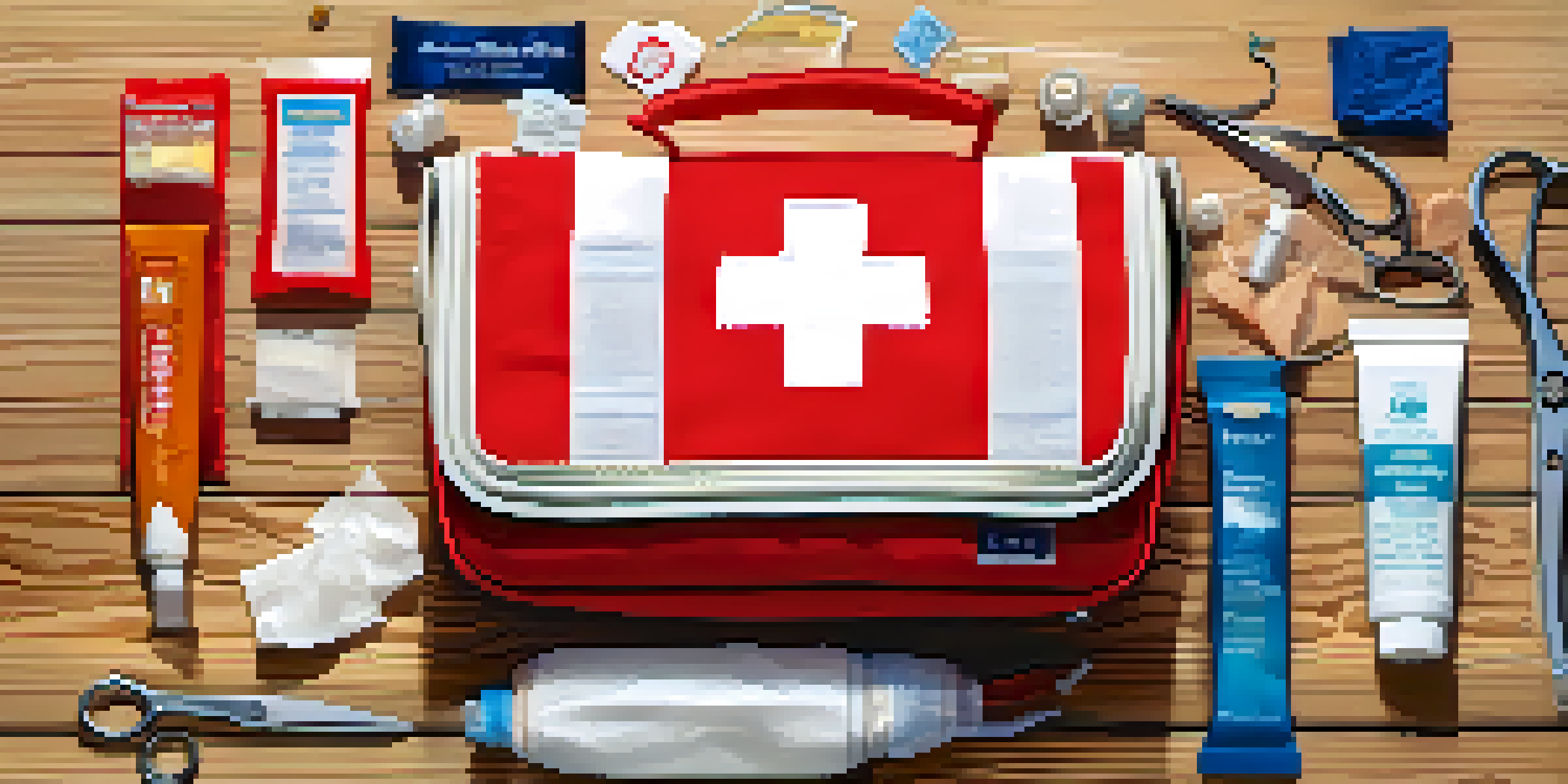 A detailed view of an open first aid kit displaying medical supplies such as band-aids and antiseptic wipes on a wooden table with natural light.