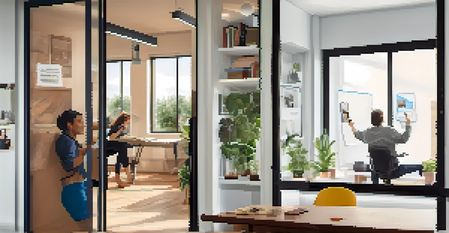 A person stretching at home and engaging in a video call with colleagues in a bright office filled with motivational posters.