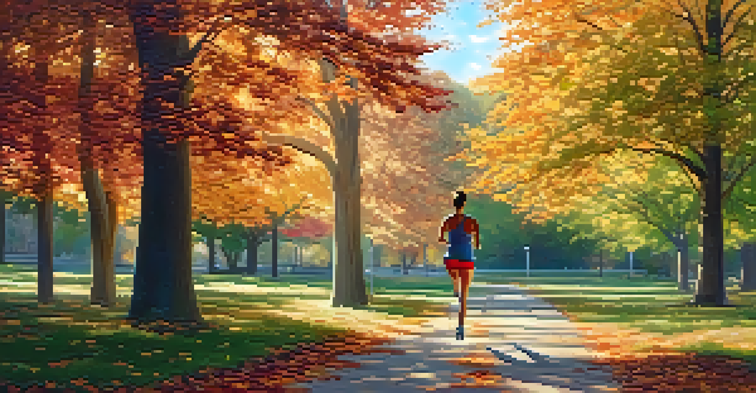 A person jogging in a park with autumn leaves, surrounded by trees, conveying a sense of fitness and tranquility.