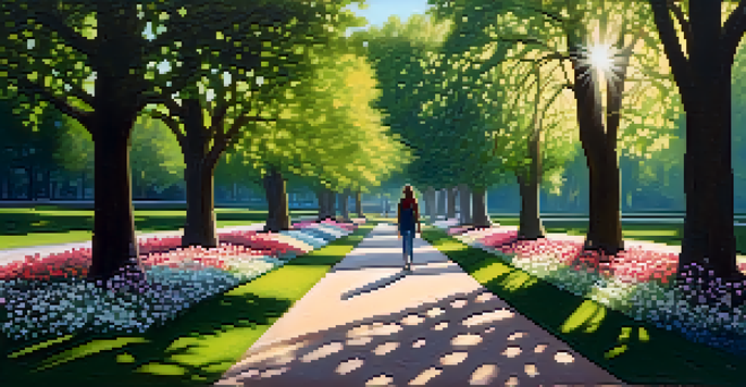 A person walking in a park, looking alert and aware of their surroundings, with trees and flowers in the background.