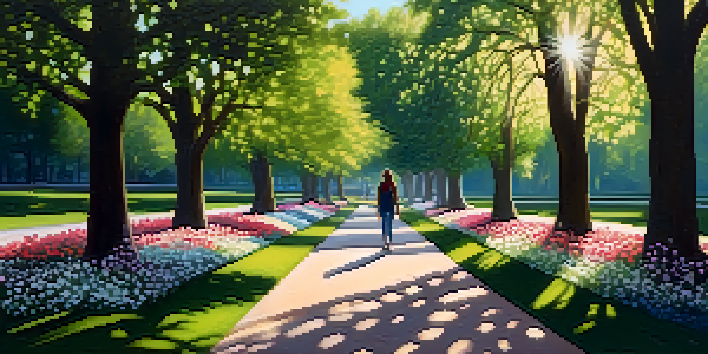 A person walking in a park, looking alert and aware of their surroundings, with trees and flowers in the background.