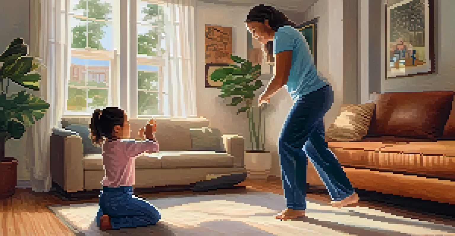 A loving parent and child practicing self-defense techniques together at home, highlighting a supportive and encouraging atmosphere.