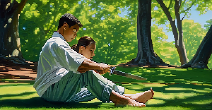 A person practicing self-defense techniques with a knife in a green park, surrounded by trees and sunlight.