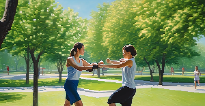 A man and a woman practicing self-defense techniques in a park with trees and a blue sky.