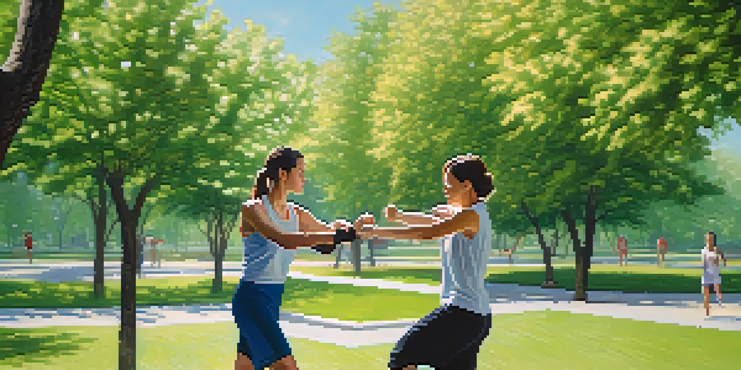 A man and a woman practicing self-defense techniques in a park with trees and a blue sky.