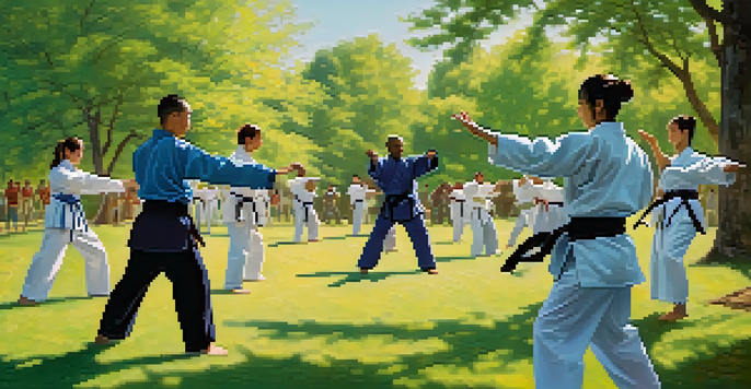 A group of diverse individuals practicing martial arts in a sunlit park surrounded by trees.