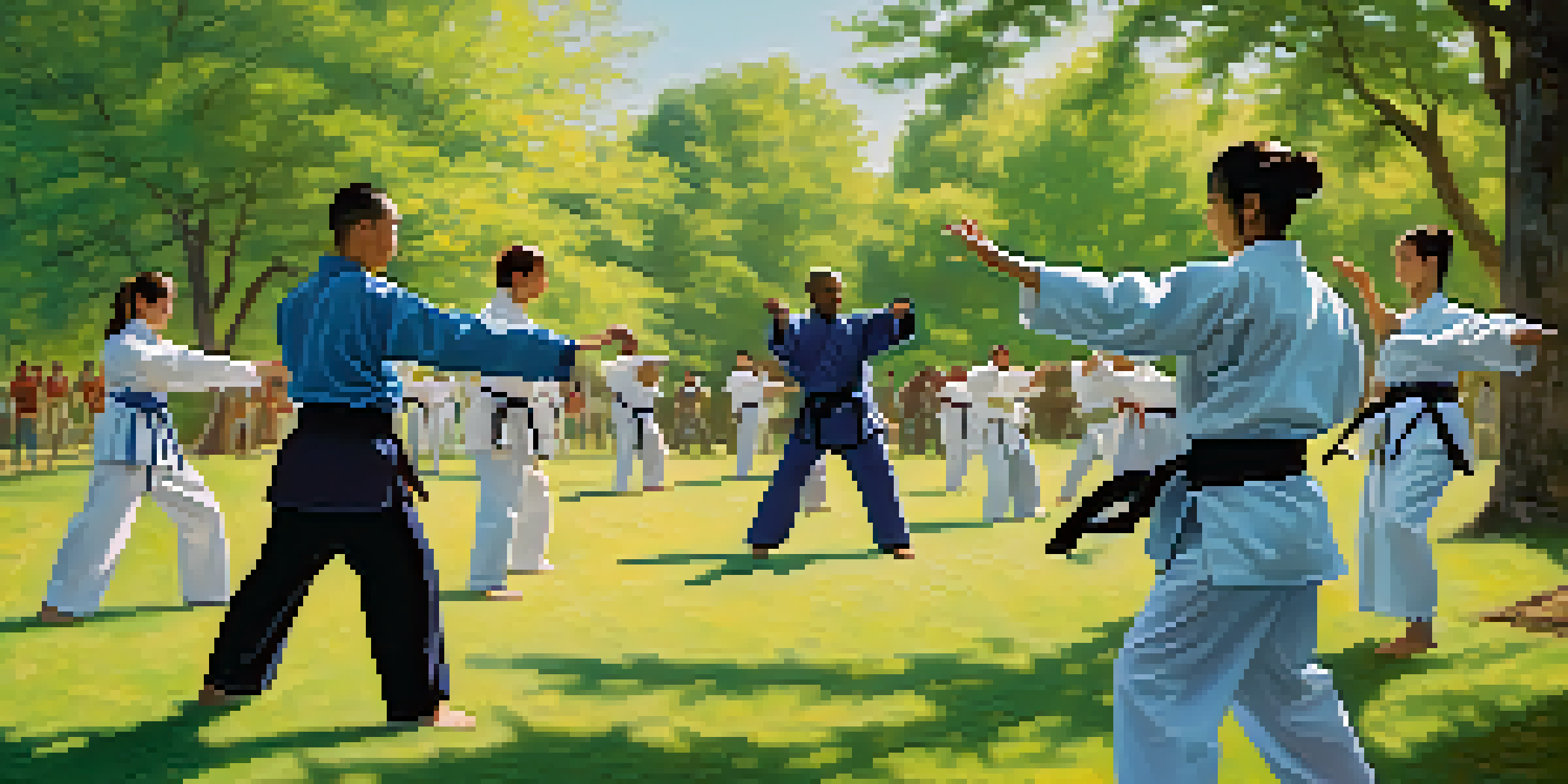 A group of diverse individuals practicing martial arts in a sunlit park surrounded by trees.