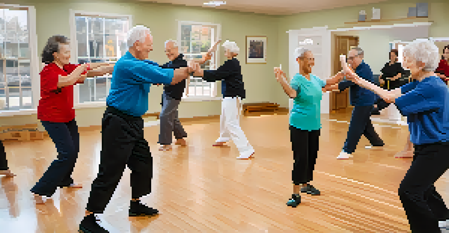 A diverse group of seniors engaged in a self defense class, smiling and learning from an instructor.