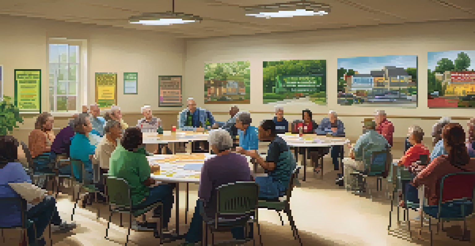 Residents gathered in a community center for a neighborhood watch meeting, discussing safety measures with a banner in the background.