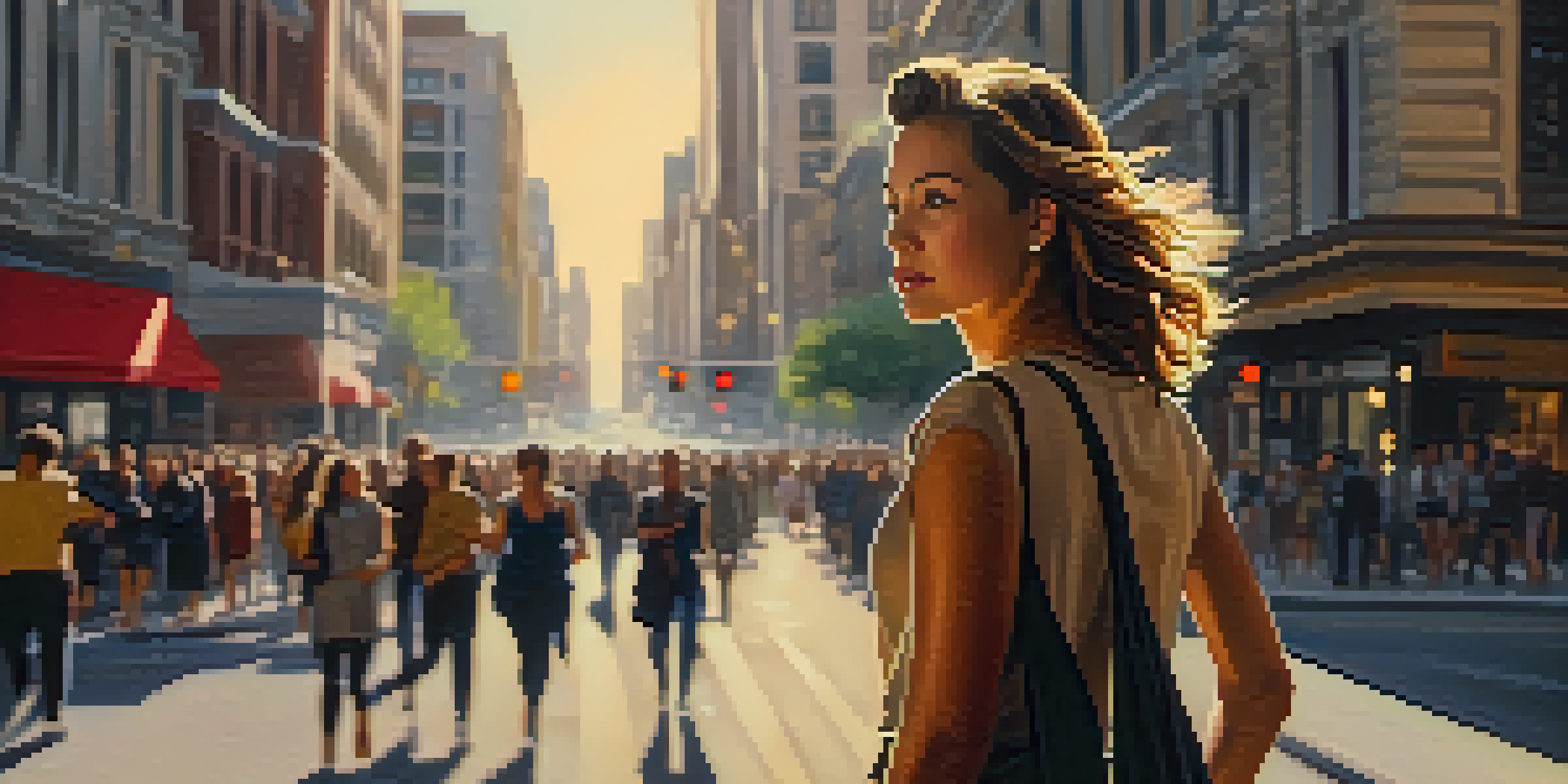 A confident woman walking through a busy city street during sunset, surrounded by a diverse crowd.