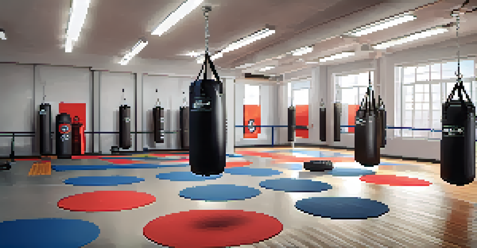 A well-organized self-defense training environment featuring various equipment like punching bags and mats, well-lit and clean.