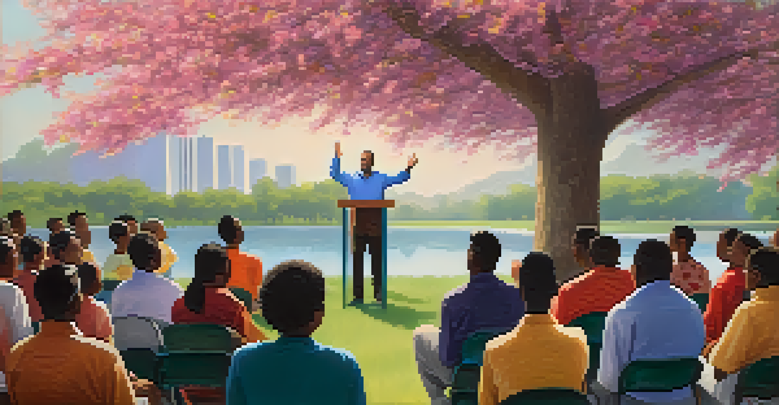 A local leader speaking to a community group in a park about empowerment and safety.
