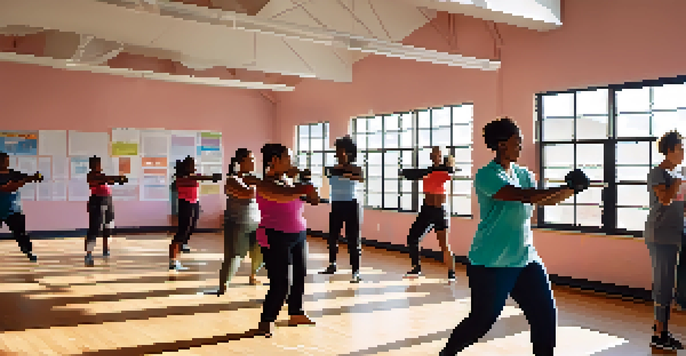 A group of diverse individuals practicing self-defense techniques in a well-lit community center, with motivational posters on the walls.