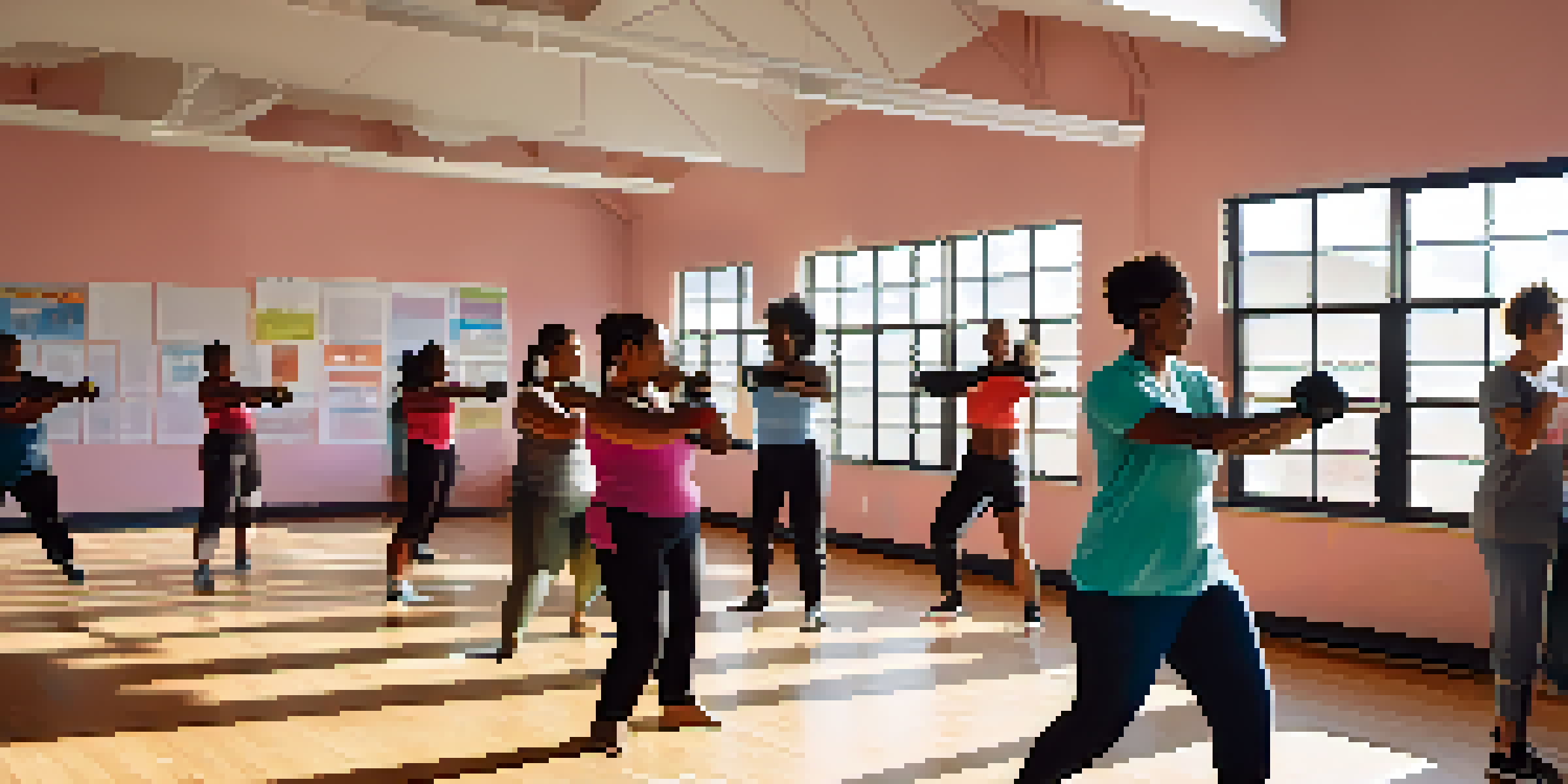 A group of diverse individuals practicing self-defense techniques in a well-lit community center, with motivational posters on the walls.