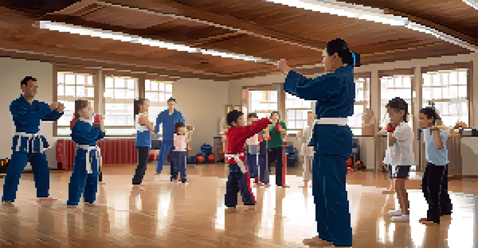 A family workshop focused on self-defense, where parents and children are actively participating and learning together under the guidance of an instructor.