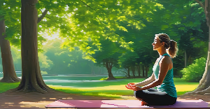 A person sitting cross-legged on a yoga mat in a peaceful park, practicing mindfulness with eyes closed, surrounded by green trees and sunlight.